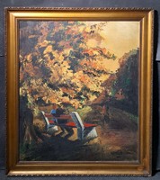 Parkban (olajfestmény) - Padon ülők, tájkép fákkal - Koch jelzéssel