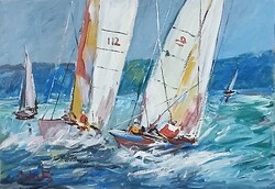 Festmény (02/04) - BÁNFI  : VITORLÁSOK (olaj, karton, 50x35  cm)