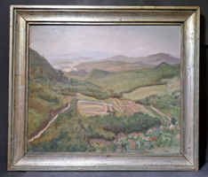 Panoráma - falu a hegyekben - meseszép keretezett olajfestmény 1956-ból (kerettel 68x59 cm)