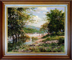Keleti Péter: Dunapart - kerettel 52x62 cm - alkotás: 40x50cm - száma: 2405/532