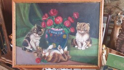 NAIV festő alkotása--festmény gyerekszobába?( CICACSALÁD)-korának-megfelelő.állapot -ÚJ keret ,szép!
