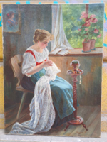 Lendvai Z.: csipkét hímző nő gombolyaggal olaj vászon festmény 60×80 cm