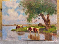 Olgyay Ferenc: Itatás című olaj vászon festmény tájkép tehenekkel 60×80 cm