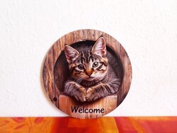 Macskás ajtódísz, üdvözlő tábla, fali dekoráció cirmos cica mintával, átmérő 20 cm