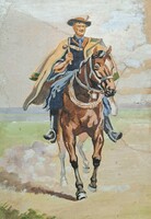 Csikós a lován - patinás akvarell, az 1920-as évek tájékáról