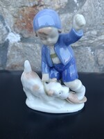 Greiner & Herda (Lichte) Porcelán Kisfiú Kutyával – 13 cm