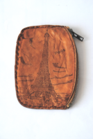 VALÓDI BŐR, VINTAGE, NYOMOTT PÁRIZS EIFFEL-TORONY MINTÁS KIS PÉNZTÁRCA, APRÓPÉNTTARTÓ