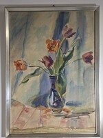 Kopasz Márta 1969 : Tulipánok bokályban akvarell 66 x 48 cm