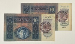 2 db 10 Korona 1915 - Szerb gépi felülbélyegző - SORSZÁMKÖVETŐ - XF-aUNC (hajtatlan) tartásban