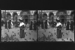 Antik sztereó üvegnegatív Velence Szent Márk tér galambetetés, elegáns nő 1900 körül