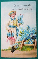 Antik üdvözlő képeslap ( Litho) - Gyerekek, nefelejcs, futott képeslap 1918