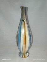 Lüsztermázas iparművészeti VÁZA függőleges kék és narancs csíkokkal