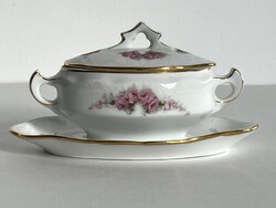 Régi Hüttl Budapest virágmintás, rózsás, rózsa mintás, aranyozott, fedeles porcelán szószos tál