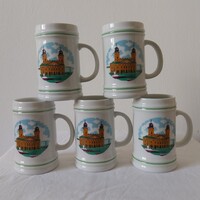 5db Hollóházi porcelán korsó Debrecen látképpel