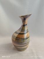 Lüsztermázas asszimetrikus iparművészeti VÁZA zöld és bézs vízszintes csíkokkal