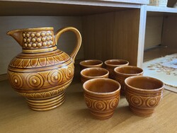 Retro GDR barna kerámia kancsó poharakkal
