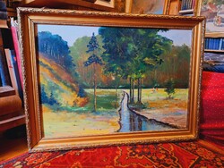 Szombathelyi festő-ifj GERENCSÉR FERENC (1928 - ?) PATAKPART 1975 olaj/farost 85x63 cm fa keretével