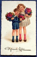 Art deco  grafikus litho üdvözlő képeslap -  gyerek virággal   - nagyon szép grafikájú  1935