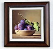 Obermayer (1965- ) Egy tál szilva KERETEZVE 30x30 cm