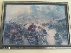 Ázsiai piac a folyón. Szignózott olaj vászon.