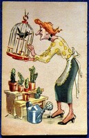 Régi humoros grafikus üdvözlő képeslap  - bájos öreglány, kalitkában varjú? kaktusz .. ilyesmi