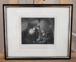 Antik acélmetszet (1849) – Benno Adam: Vidéki istálló (Thomas Heawood) 32x26 cm kerettel