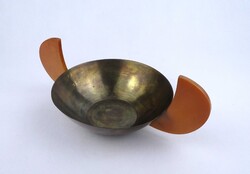 2A053 Antik formatervezett art deco sárgaréz tál borostyán hatású fülekkel 27.5 cm