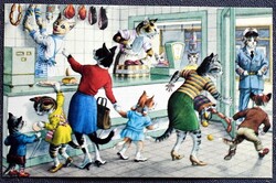 Humoros cicás grafikus üdvözlő képeslap  - Alfred Mainzer  ,  Alma kiadás - nem antik