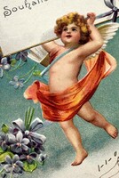 Antik dombornyomott üdvözlő képeslap  - puttó, angyalka , ibolya   1905