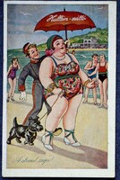 Régi humoros grafikus  képeslap  - A strand szépe! molett hölgy kutyával, Hullám szálló - Balaton?