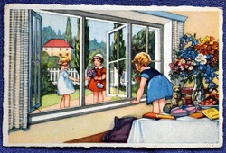 Régi grafikus üdvözlő képeslap    -  gyerekek, ünnepi köszöntő