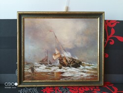 Holland olaj festmény. Hajótörést ábrázoló szép mozgalmas kép.