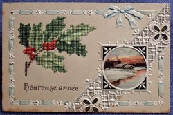 Antik különleges dombornyomott  újévi üdvözlő képeslap - hímzést, csipkét imitál