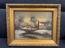 Nosztalgikus téli falu – vintage olajfestmény híddal, szignóval