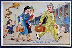 Régi humoros grafikus üdvözlő képeslap  - Sárkány eresztés !    vasúti szerelvény ,hölgyek