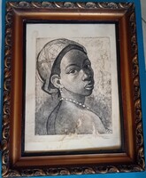 Ék Sándor : Néger nő portréja , rézkarc szép keretben
