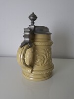 Régi monogramos barokk ónfedeles kőcserép korsó söröskorsó 1/2L