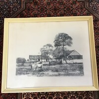 Régi Gy. Molnár István “Tanyaudvar” c. Rézkarc üvegezett fa keretben