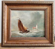 Vélhetően flamand tenger, vitorlás hajó, világítótorony festmény  44x39 cm kerettel