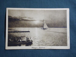 Képeslap,Balaton,móló,csónak,vitorlás hajó,naplemente,Novitas Bp. kiadás,1925-