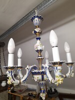 Italy Capodimonte Barokk 5 Ágú,Rózsa Virágos,Gyertya Égős,Jelzett Porcelán Csillár.55 x 45 cm.