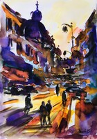 Esti város. Gyönyörű  akvarell . Evening city  art by Konrad Biro 34x24 cm.