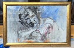 Gondolkozó - kortárs alkotás, szép keretben, 78x53 cm - évszám 1999, modern férfi portré, Gondolkodó