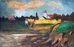 XX.Magyar posztimpresszionista Cgány Dezső : Falusi táj templommal
