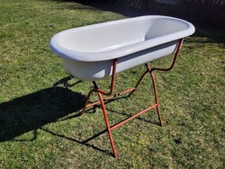 Régi vintage zománcozott Lampart babafürdető zománc kád gyerek kád babakád állvánnyal