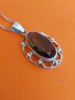 Csodás antik kézműves 875-ös ezüst füst kvarc medál42x20mm , 875-ös ezust csavart láncon 45cm