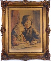 1Z858 Edvi-Illés Aladárné: Nagymama unokával - színezett rézkarc 40 cm x 30 cm