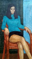 Czene Béla (1911-1999): Kék garbós, miniszoknyás modell. Olaj/Farost, 1972, 90 x 50 cm