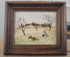 Kisméretű festmény, naív stílus hátulján jelzett 13x12 cm kerettel.