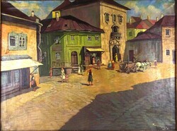 1Z929 Szentmiklóssy M. Sándor: Városi utcakép 80 x 60 cm